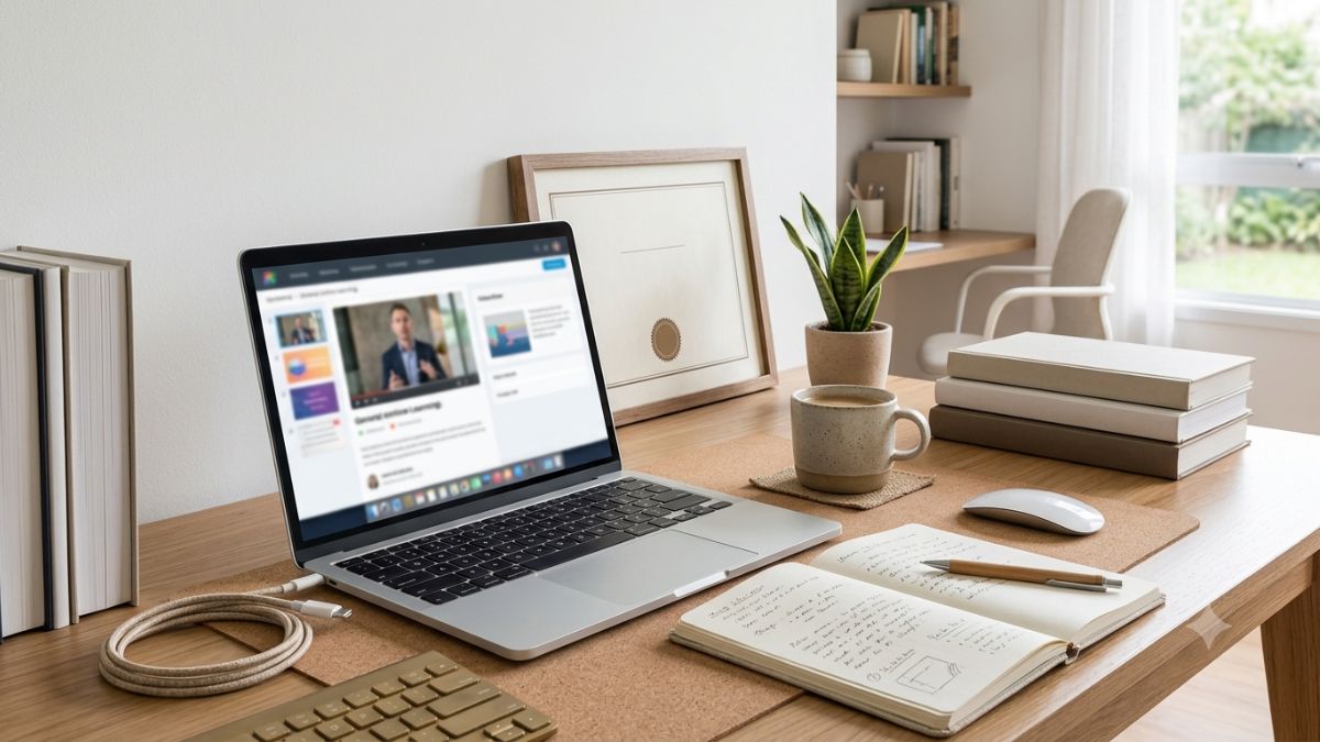 Mesa de estudos com notebook, caderno e certificado representando capacitação profissional