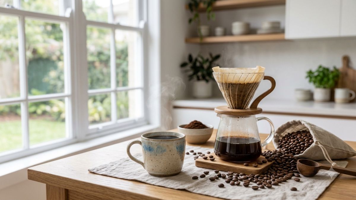 Xícara de café coado em casa com grãos de café e acessórios de preparo sobre bancada