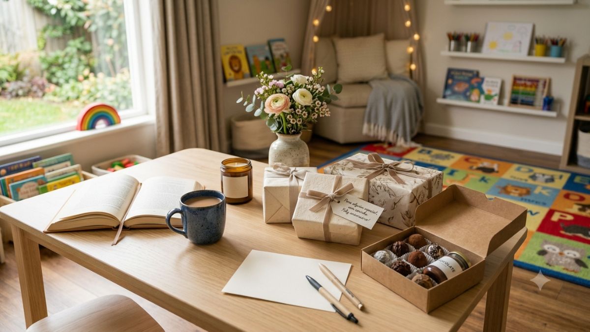 Presentes criativos embalados com cartão, livro e caneca sobre mesa clara