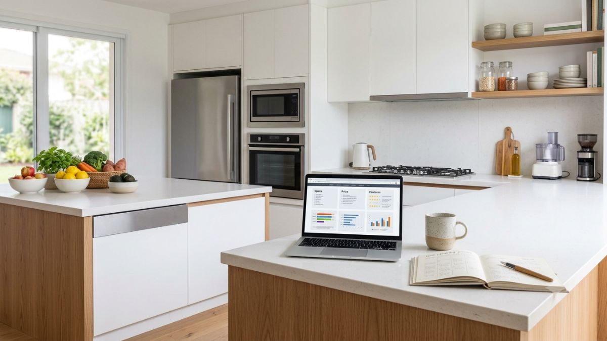 Cozinha moderna com eletrodomésticos organizados e notebook aberto para pesquisa de reviews